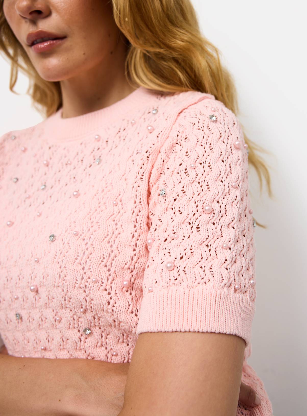 Pink Embellished Stitch Detail Knitted T-Shirt 20 - Image 3